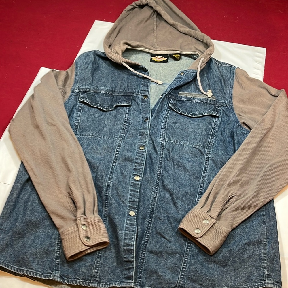Harley Davidson blue Jean shirt JACKET women’s L GRAY HOOD long sleeves snap up
